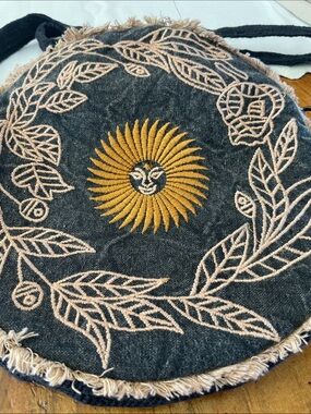 EARTHBOUND Black & Mustard Embroidered Sun Round Crossbody